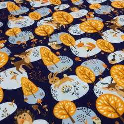 Stoffe Baumwolle Jersey Waldtiere Hirsche Füchse Hase blau bunt