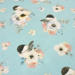 Stoff Baumwolle Jersey Vögel Blumen hellblau weiss rosa braun