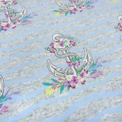 Stoff French Terry Maritim Anker Blumen Wellen hellgrau hellblau