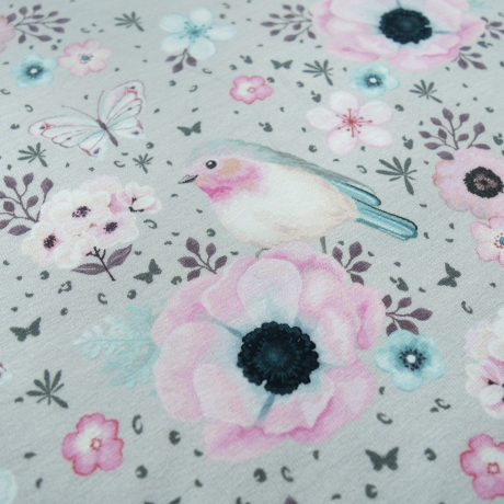 Stoff Jersey Baumwolle Vögel Blumen Panel 75cm x 140cm grau rosa