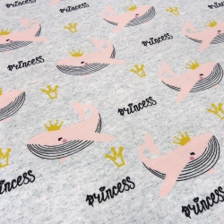 Stoff Baumwolle Jersey Wale Prinzessin Princess Kronen grau rosa