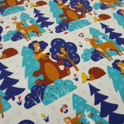 Stoff Baumwolle Jersey Waldtiere Reh Bär Füchse beige blau bunt