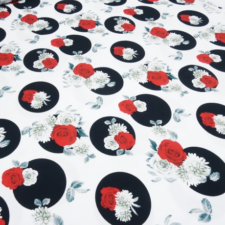Stoff Baumwolle Jersey Blumen Rosen Punkte weiß rot schwarz grau