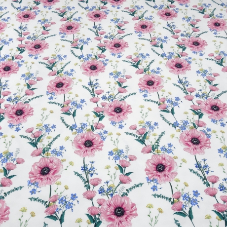 Stoff Baumwolle Jersey Blumen Blüten weiß rosa grün gelb blau