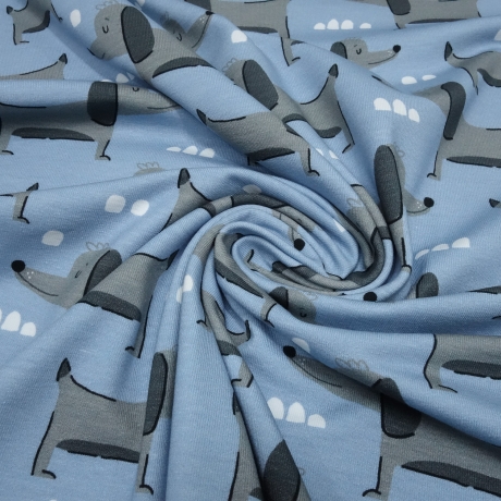Stoff Baumwolle Jersey mit Hunde Dackel Design blau grau weiß