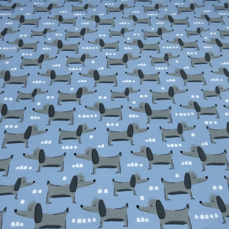 Stoff Baumwolle Jersey mit Hunde Dackel Design blau grau weiß