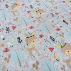 Stoff Baumwolle French Terry Rehe Kitz Vögel grau braun türkis