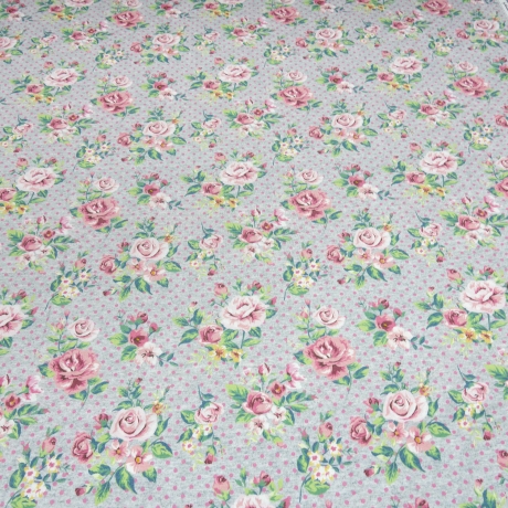 Stoff Baumwolle Jersey Blumen Rosen Punkte grau weiß rosa grün