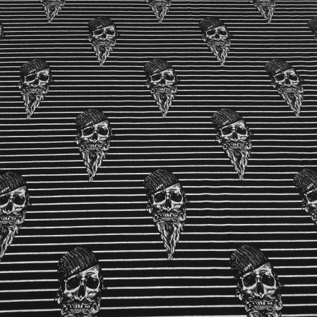 Stoff Baumwolle Jersey Totenkopf Skulls Streifen schwarz grau