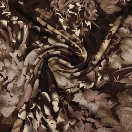 Stoff Viskose Jersey Blumen Blätter braun beige sand schwarz