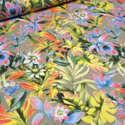 Stoff French Terry Blumenmuster taupé grün gelb orange rot blau