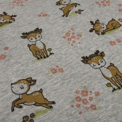 Stoff Sweatshirtstoff Alpenfleece Rehe Hirsche Kitz grau braun