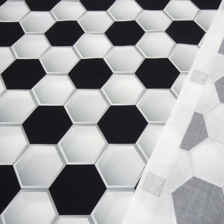 Stoff Baumwolle Popeline 3D Fußball Design schwarz weiß grau