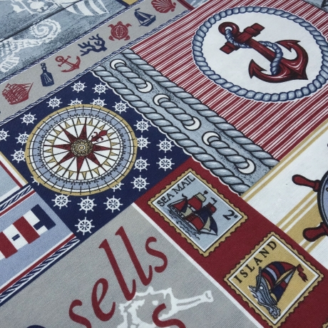 Stoff Dekostoff Sailing Anker Schiffe Leuchtturm blau rot grau