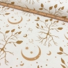 Stoff Baumwolle Jersey Boho leaves Bäume Mond Sterne beige braun