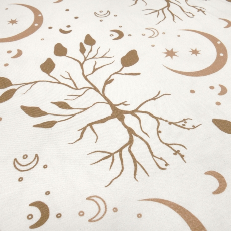 Stoff Baumwolle Jersey Boho leaves Bäume Mond Sterne beige braun