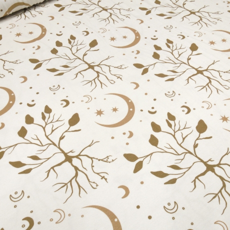 Stoff Baumwolle Jersey Boho leaves Bäume Mond Sterne beige braun