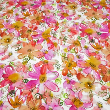 Stoff Baumwolle Jersey pink Flowers Blumen orange grün weiß