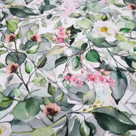 Stoff Baumwolle Jersey mit Eukalyptus Blumenmuster weiß grün rosa