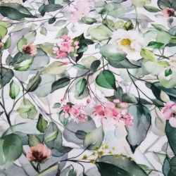 Stoff Baumwolle Jersey mit Eukalyptus Blumenmuster weiß grün rosa