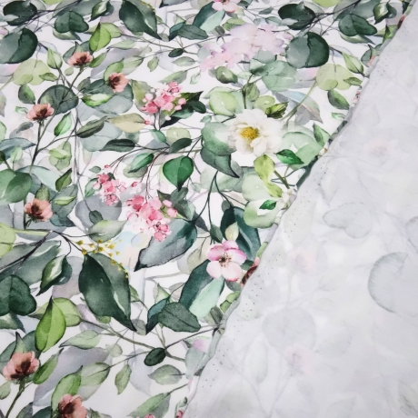 Stoff Baumwolle Jersey mit Eukalyptus Blumenmuster weiß grün rosa