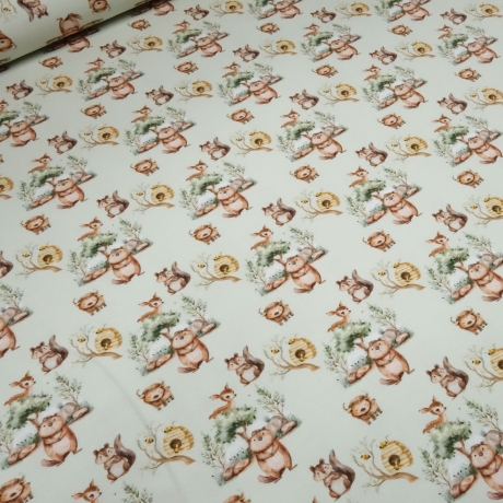 Stoff Baumwolle Jersey Waldtiere Design hellgrün braun gelb bunt