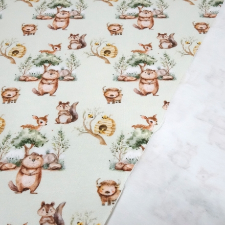 Stoff Baumwolle Jersey Waldtiere Design hellgrün braun gelb bunt