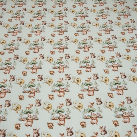 Stoff Baumwolle Jersey Waldtiere Design hellgrün braun gelb bunt