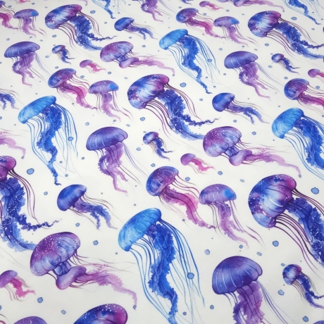 Stoff Baumwolle Jersey Jellifish Quallen weiß blau lila flieder