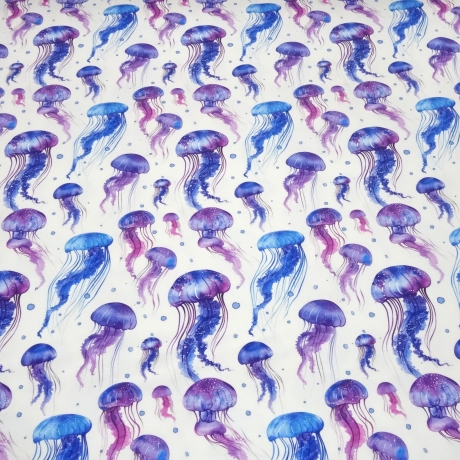 Stoff Baumwolle Jersey Jellifish Quallen weiß blau lila flieder