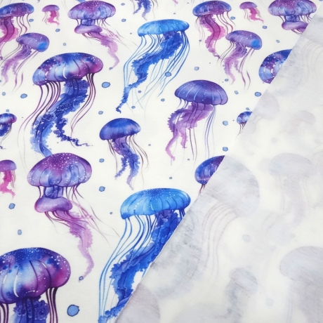 Stoff Baumwolle Jersey Jellifish Quallen weiß blau lila flieder