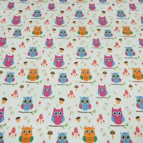 Stoff Baumwolle Jersey Eulen hellgrün orange blau pink bunt