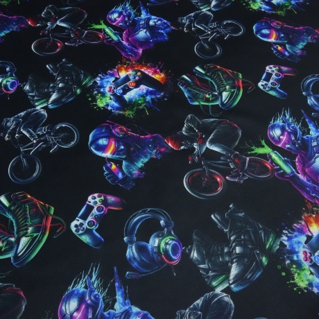 Stoff Sweatshirtstoff Alpenfleece Gamer Biker BMX schwarz bunt