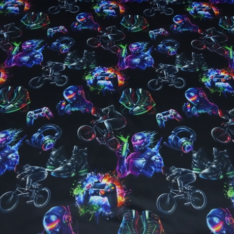 Stoff Sweatshirtstoff Alpenfleece Gamer Biker BMX schwarz bunt