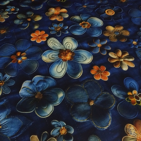 Stoff Sweatshirtstoff Alpenfleece Blumen Blüten Jeanslook blau