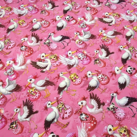 Stoff Baumwolle Jersey Storche Babys Panda Katze Zebra pink rosa