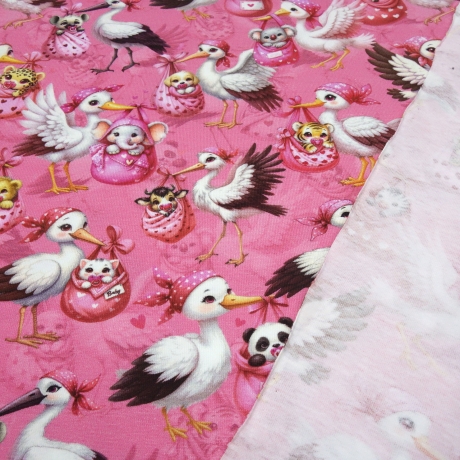 Stoff Baumwolle Jersey Storche Babys Panda Katze Zebra pink rosa
