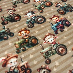 Stoff Baumwolle Jersey gestreift Traktor Hund Katze Schaf braun