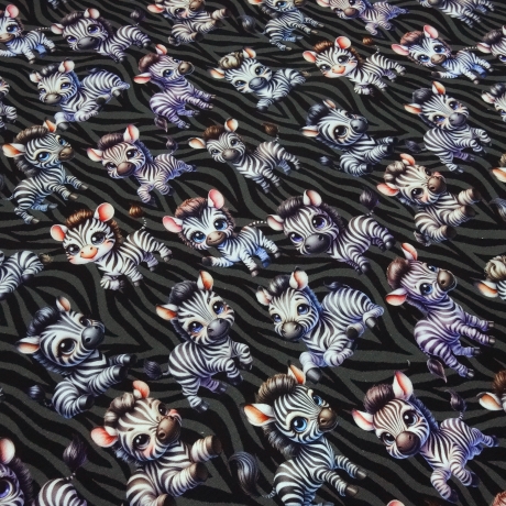 Stoff Baumwolle French Terry Cute Zebras schwarz grau weiß bunt 