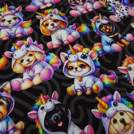 Stoff Baumwolle French Terry Unicorn Dogs Hunde schwarz grau bunt