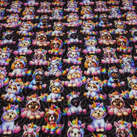 Stoff Baumwolle French Terry Unicorn Dogs Hunde schwarz grau bunt