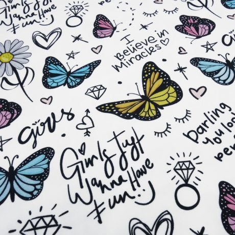 Stoff Baumwolle French Terry Schmetterlinge Schriften weiß bunt