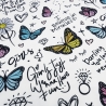 Stoff Baumwolle French Terry Schmetterlinge Schriften weiß bunt