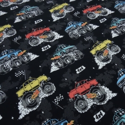Stoff Baumwolle Jersey Burnout Monstertrucks Auto schwarz buntunt