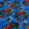 Stoff Baumwolle French Terry Monster Trucks Offroad blau rot bunt