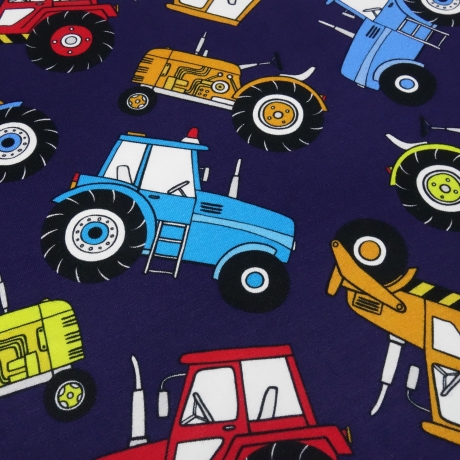 Stoff Baumwolle Jersey Farmer Trecker Traktor Design dunkelblau