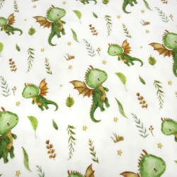 Stoff Baumwolle Jersey Little Dragon Drachen cremeweiß grün braun