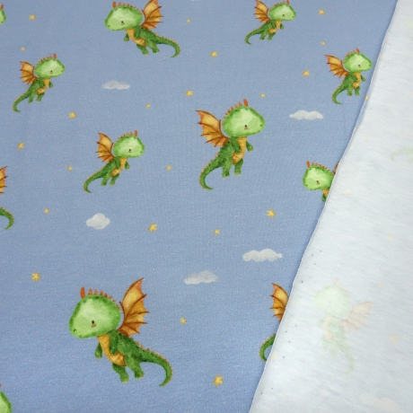Stoff Baumwolle Jersey Little Dragon Drachen blau grün braun