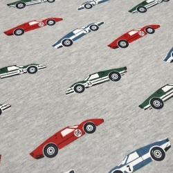Stoff Sweatshirtstoff Alpenfleece Rennwagen hellgrau rot grün