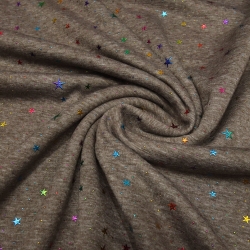 Stoff Alpenfleece Glitzer Sterne braun taupé multicolor bunt